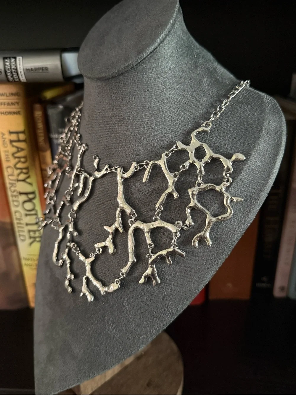Silver Tone Coral Branch Statement Necklace